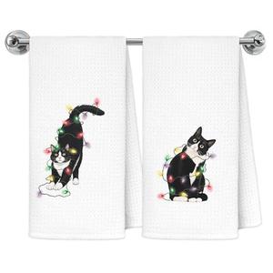 Exqcom Tuxedo Cat Christmas Kitchen Towels, Black and White Christmas Cat Dish Tea Towels for Kitchen Decor, Xmas Cute Kitty Decorative Hand Towel Bathroom Decor, 16x24 Inch Set of 2