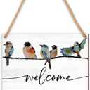 8''x12'' Welcome Wooden Hanging Sign - Watercolor Birds Farmhouse Front Door Wooden Plaque - Spring Wall Art Decoration for Home Office Outdoor Indoor - Rustic Favors For Women Men Friends Family -A01