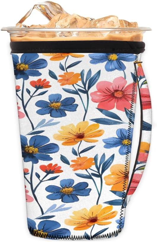 2 x Reusable Iced Coffee Cup Sleeve Colorful Flowers Neoprene Insulated Sleeves Cup Holder with handle Idea for 16oz - 18oz