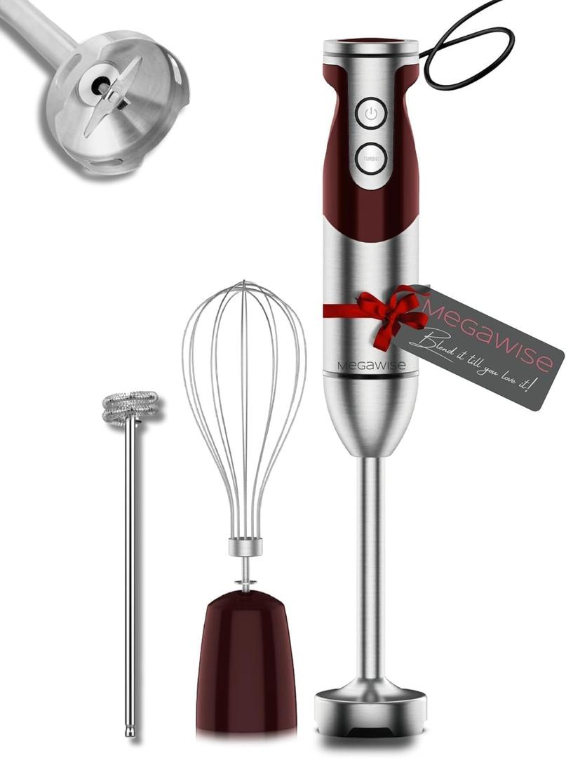 MEGAWISE 3-in-1 Immersion Hand blender, Powerful MOTOR & Stainless Steel Stick Blender, 4 Sharpe Blades with Whisk, Milk Frother Attachments
