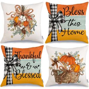 GEEORY Fall Throw Pillow Covers 20x20 Inch Set of 4, Pumpkins Eucalyptus Bless This Home Autumn Seasonal Decorative Farmhouse Decoration for Home (Orange) G553-20