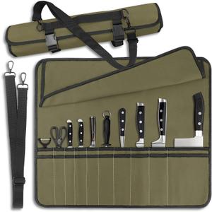 Army Green Chef Knife Bag With 10 Slots Cutlery Knives Holders Protectors, Home Kitchen Travel Cooking Tools, Portable Canvas Knife Roll Storage Bag Chef Case for Camping or Working