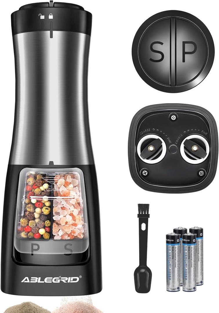 ABLEGRID Electric Salt and Pepper Grinder 2 in 1 Battery Powered, Automatic Pepper Mill & Salt Grinder Refillable, One-handed Operation, Adjustable Coarseness, 2-Button Control, Ceramic Grinding Core
