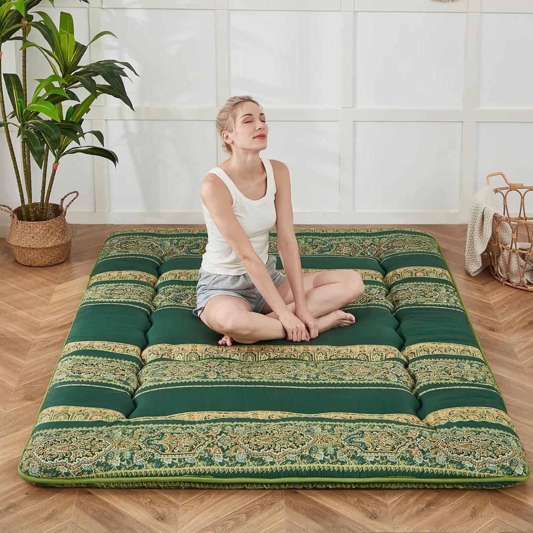 Japanese Floor Mattress, Futon Mattress with Portable Storage Bag and Washable Cover, Roll Up Thick Tatami Mat Suitable for Camping, Guest Room (Bohemian Green, Queen)