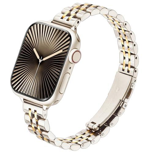 Wipalor Thin Classic Metal Chain Band Fit Slim Apple Watch Bands for women 42mm 41mm 40mm 38mm, Dressy Designer Stainless Steel iWatch Bands for iPhone Watch Bands Series 11 10 9 SE 8 7 6 5 4 3 2 1 Starlight/Gold