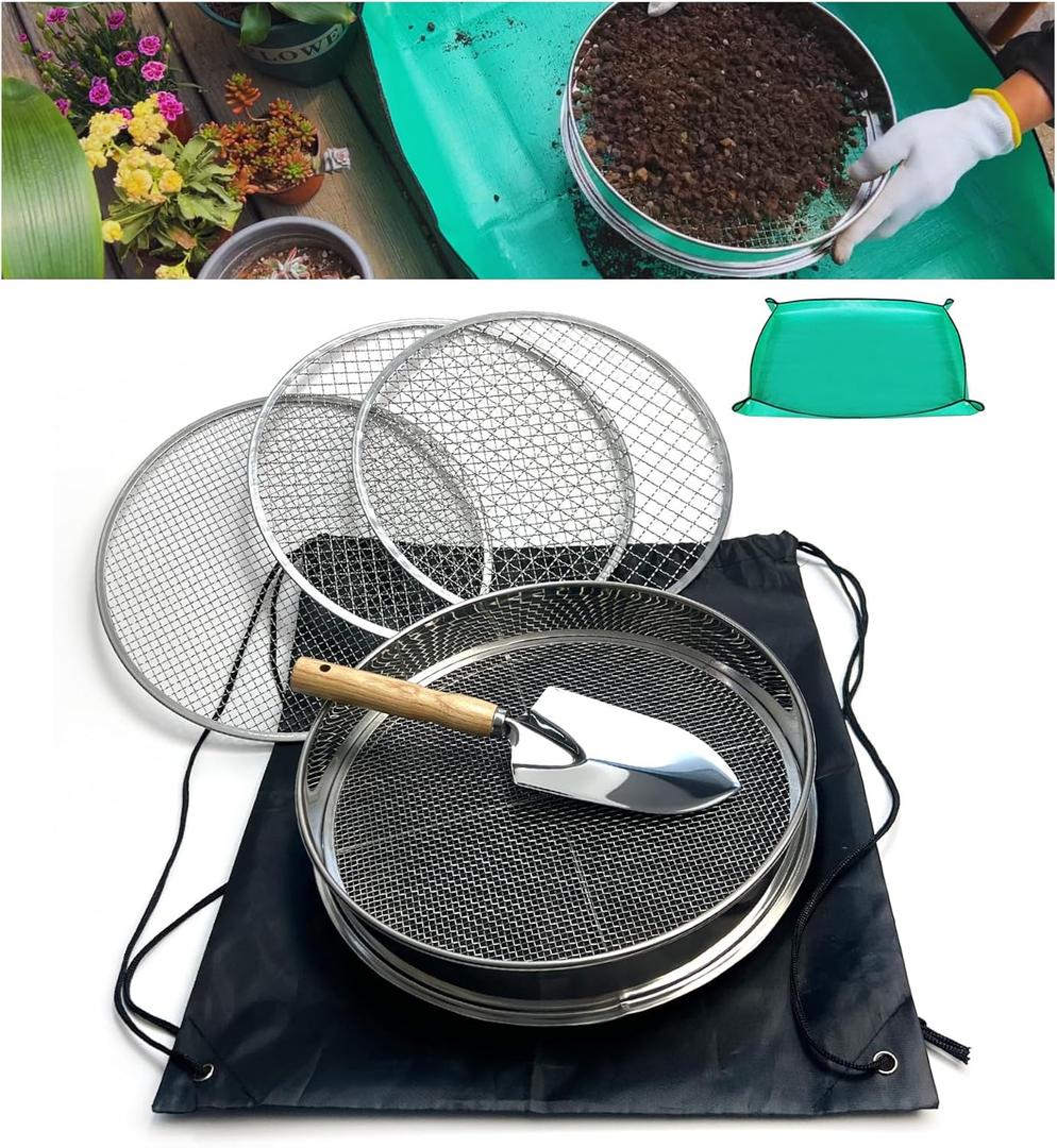 Soil Sifter for Gardening, 12 Inch Stainless Steel Soil Sifter with 4 Replaceable Fine Screens and Shovel, Sieve for Sand Rocks Dirt Compost