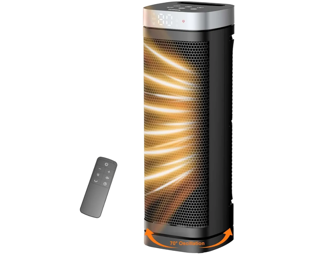 Space Heater, WINHL 17 Inches Electric Heaters for Indoor Use with Thermostat and Remote, 70°Oscillation, 12H Timer, 5 Modes, 1500W PTC Ceramic Fast Safety Heat for Office Bedroom Home