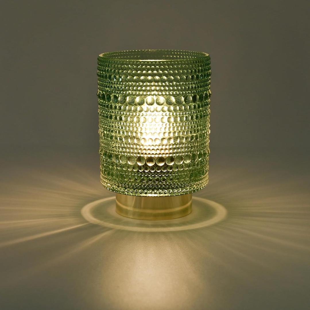 Battery Operated Lamp with Auto-Off Timer, Cordless Table Night Light for Bedroom & Entryway, Portable LED Lamp for Home, Outdoor, Camping No Battery Included (Pearl Design-Green)