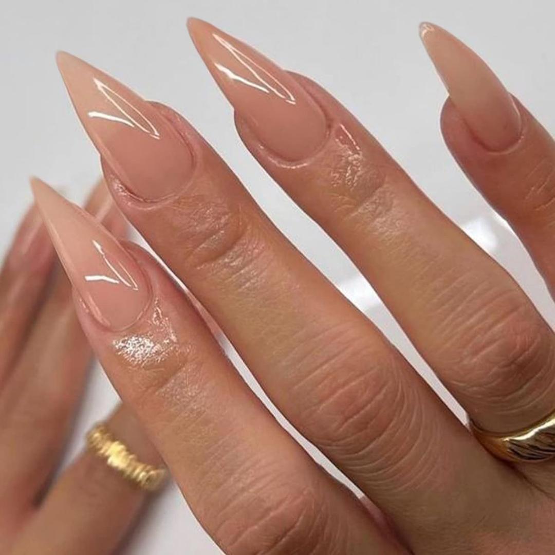 Press on Nails Long Stiletto Nude Fake Nails False Nail with Pure Transparent Glossy Stick on Nail for Women