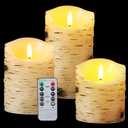 qinxiang Flameless Candles LED Candles Birch Bark Set of 3 (D 3.25" x H 4" 5" 6") Ivory Real Wax Pillar Battery Operated Candles with LED Flame 10-Key Remote Control and Cycling 24 Hours Timer