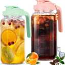 Glass Pitcher with Lid, 64 OZ Mason Jar Pitcher Double Leak Proof, 2 Quart Breast Milk Storage Containers for Fridge, Wide Mouth Glass Jar for Sun Tea, Juice, Cold Brew Coffee (Pink+Green)