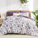 Luxudecor Floral Comforter Set King Size 7 Pieces, Purple Flower with Bird Bed in a Bag, Soft Reversible Comforter with Sheet Bed Set 104"x90"