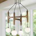 Rustic Wood Chandeliers with Milk Glass Globes Lampshades L24 '' Unique Mid Century Long 4-Light Pendant Chandelier Farmhouse Light Fixture for Living Dining Room Entryway Foyer Bedroom Kitchen,G9
