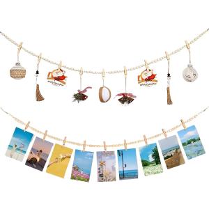 2 x 2PCS Hanging Photo Display with Clips, Boho Wooden Bead Garland Hanging Photo Collage Picture Frame with 9 Wood Clips for Living Room, Bedroom, Dorm Wall Decor