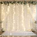 10ft x 10ft Ivory Chiffon Backdrop Curtain with Lights String for Parties,2 Panels Sheer Tulle Curtain Wedding Photo Backdrop with Lights for Baby Shower Birthday Party Ceremony Home Decorations