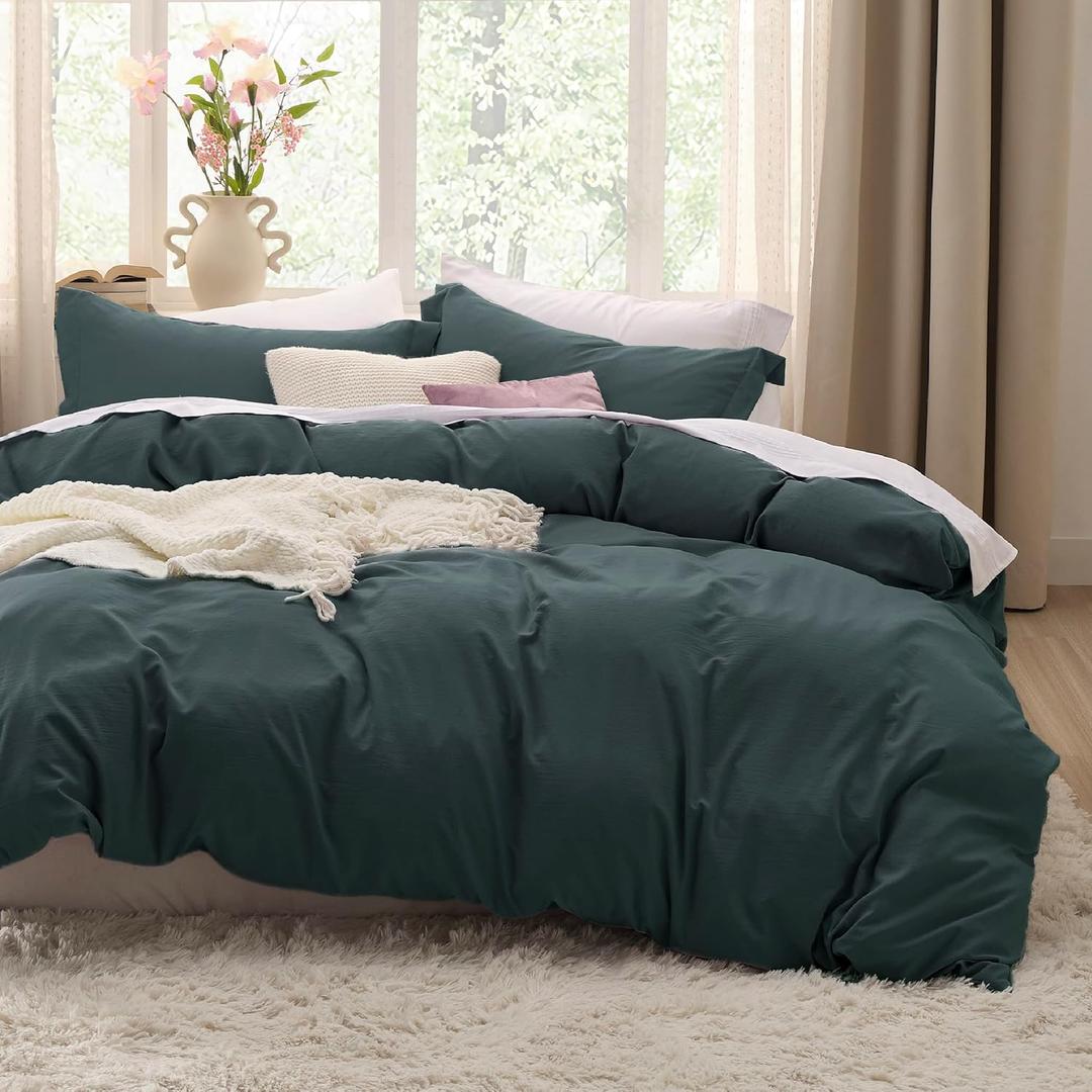 Bedsure Forest Green Duvet Cover Queen Size - 3 Pieces Prewashed Cotton-Like Extra Soft Bedding Set, Includes 1 Duvet Cover 90x90 Inches with Zipper Closure & 2 Pillow Shams, Comforter Not Included