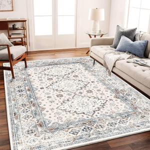 Washable Area Rug 10x14 Retro Flowers Boho Design Non-Shedding Easy Care Ideal for High Traffic Areas in Living Room Bedroom Office Coffee Table Kitchen Large Carpet (Blue and Gray)