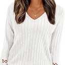 PRETTYGARDEN Women's Long Sleeve Shirts Ribbed Knit V Neck Tee Dressy Casual Blouses Going Out Tunic Tops 2026 Fall Outfits (White,Small)