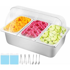 Cold Ice Food Serving Display tray 3 Pans 2 Ice Packs Cooled Condiment Container Dispenser Salad Dressing Cold Serving Buffet Server Cooler Spice Food Display Rack Sauce Organizer for Buffet