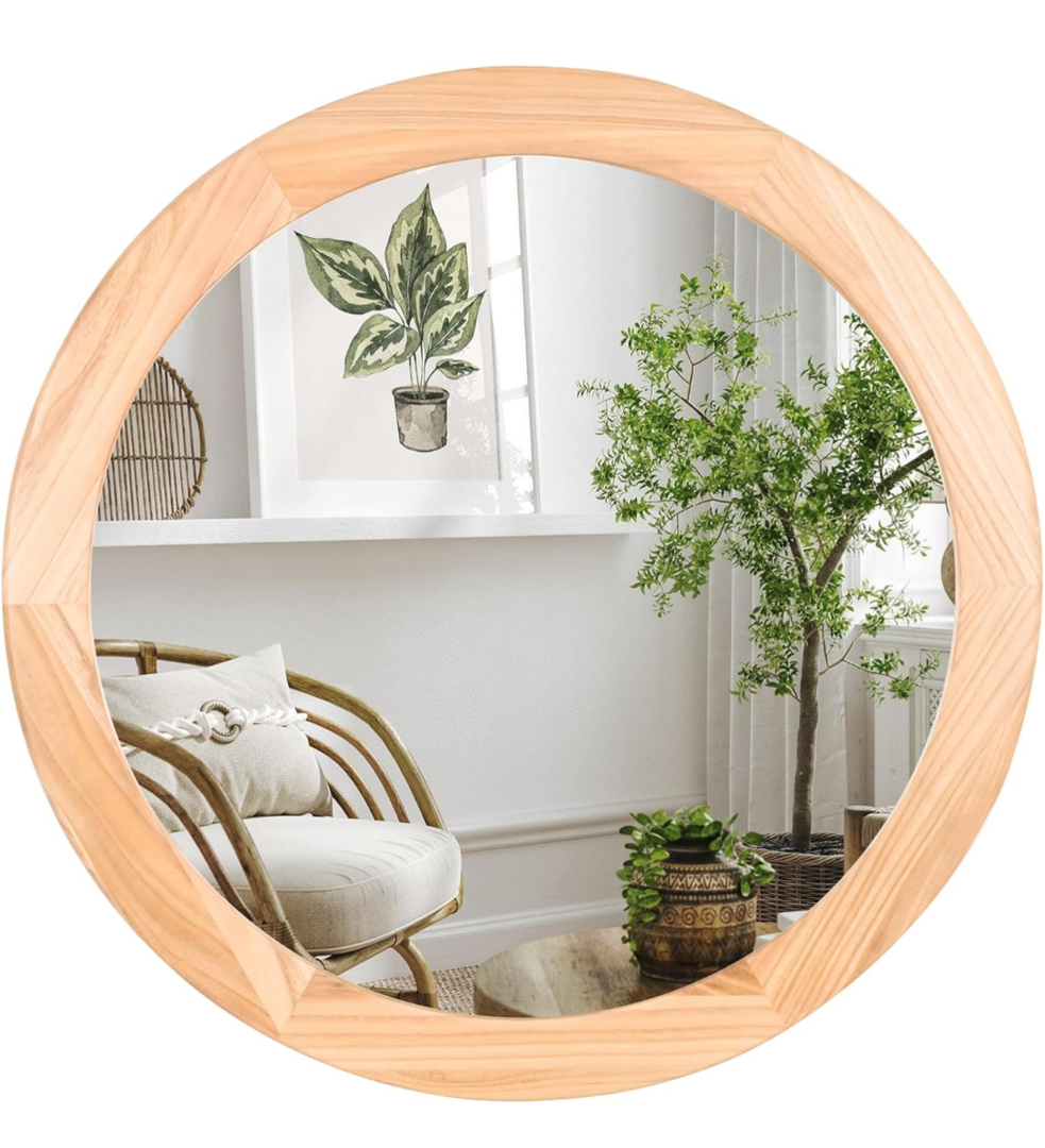 Round Mirrors 24 Inch,Wood Vanity Wall Rustic Mirror with Wood Frame, Natural Wooden Circle Tempered Glass Mirror for Bathroom Bedroom Living Room Or Entryway