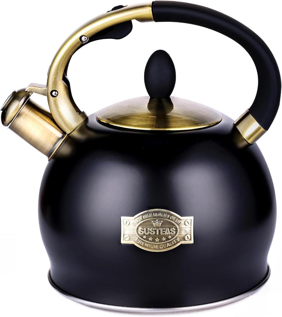 SUSTEAS Stove Top Whistling Tea Kettle - Food Grade Stainless Steel Teakettle Teapot with Cool Touch Ergonomic Handle, With 1 Silicone Pinch Mitt Included, 2.64 Quart (Black)