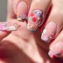 48 Pcs Flower Press on Nails Medium Square False Nails with 3D Colorful Floral Design Full Cover Glossy Acrylic Nails Nude Pink Artificial Stick on Nails Reusable Glue on Nails for Women Manicure