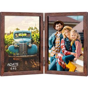 AEVETE 4x6 Picture Frames Double Hinged Wood Folding Photo Frames Vertical with Plexiglass Front, Brown