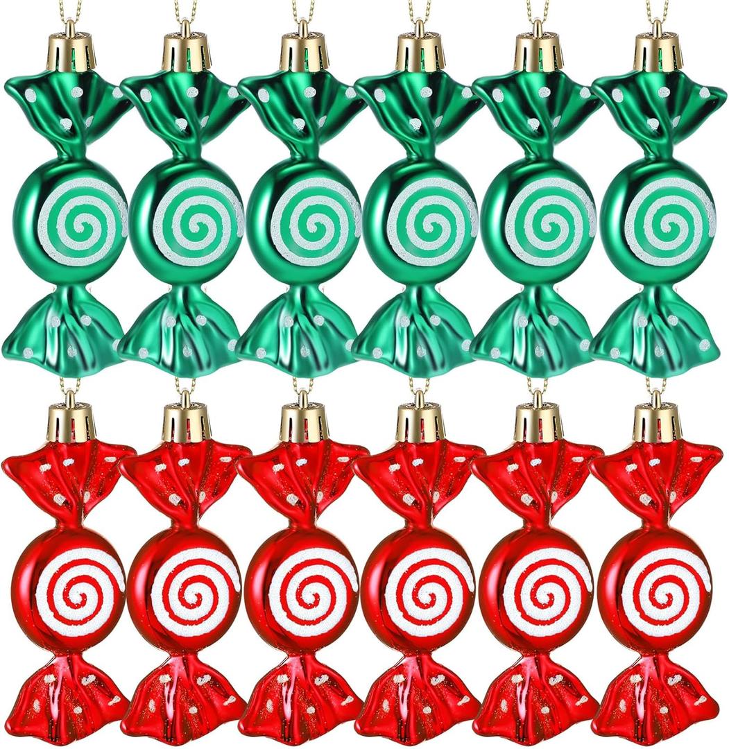 Threan 12 Pcs Christmas Candy Ornaments for Tree Decoration Hanging Glitter Candy Cane Christmas Peppermint Ornament with Golden Rope for Xmas Holiday Decoration(Red, Green,Plastic)