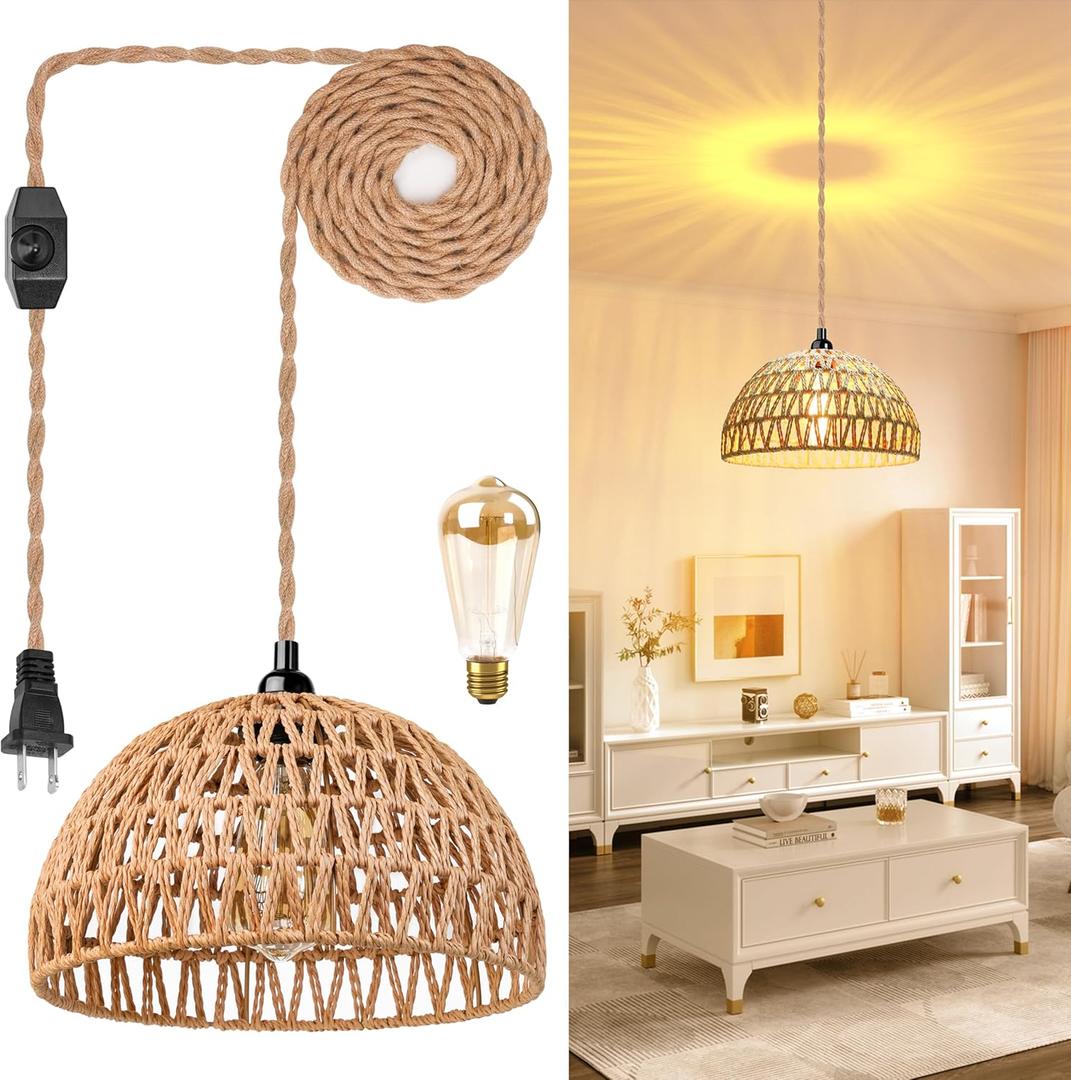Plug in Pendant Light Rattan Hanging Lamp with 15 Ft Hemp Rope Cord, Wicker Hanging Lights with Bamboo Basket Lamp Shade,Dimmable Switch Woven Boho Plug in Ceiling Light for Living Room Bedroom