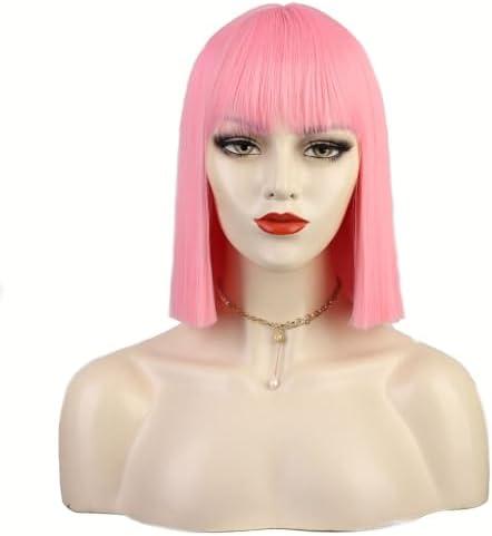 incohair Pink Bob Wigs with Bangs 12 Inch Short Straight Bob Wigs for Women Full Synthetic Hair Cosplay Daily Party Wigs Wig Cap Included (Pink)