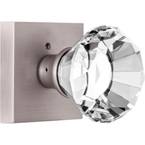 Privacy Glass Door Knob with Lock, Crystal Glass Door Knobs Interior, Bed Bath Door Knob Brushed Nickel Square Diamond, BS-002