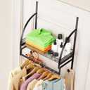 Over The Door Clothes Hanger Drying Rack, Over Door Drying Rack with Storage Basket and Hooks for Hanging Towels, Coats & Clothes, Door Hanger Organizer for Bathroom Laundry Dorms Washroom (Black)