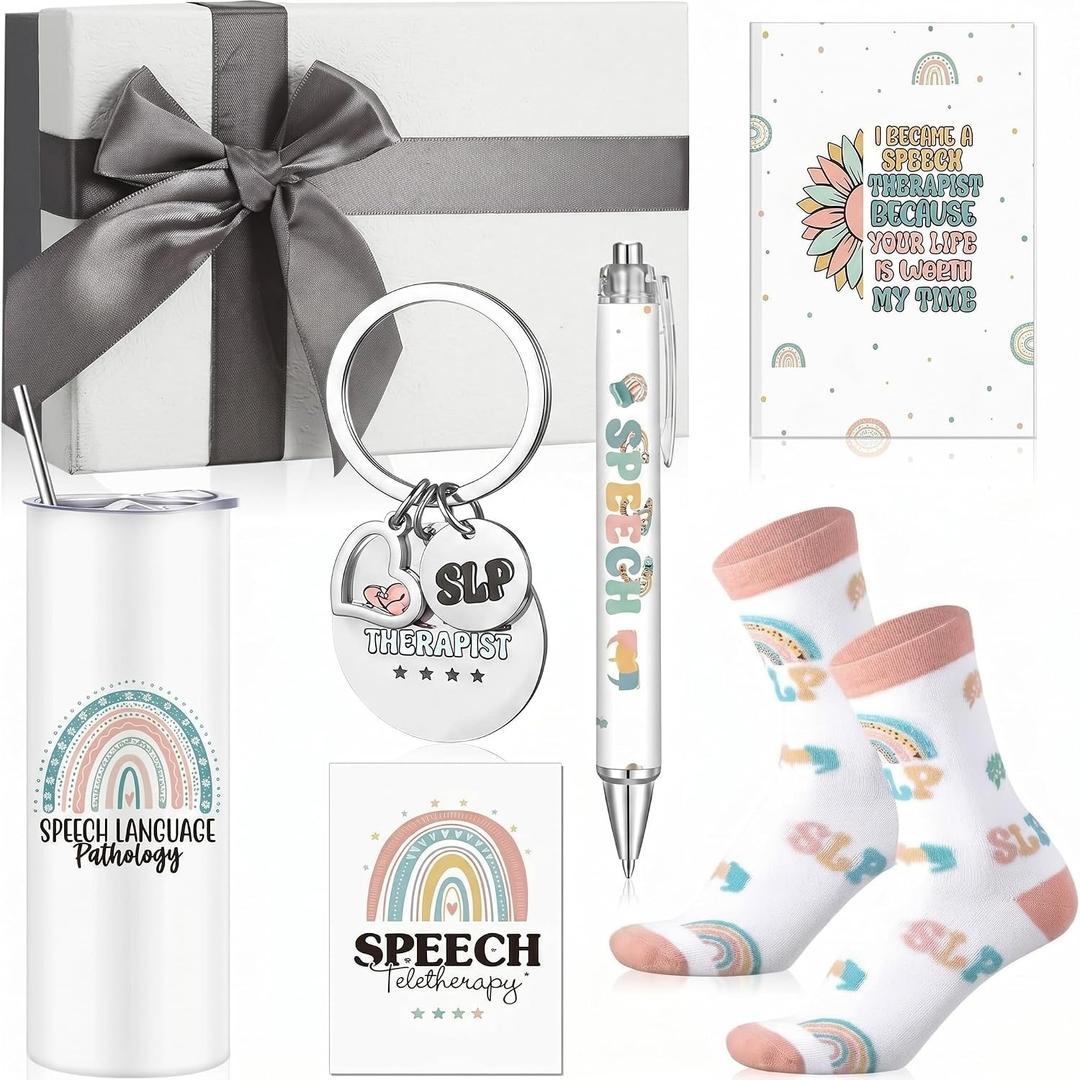Patelai 7 Pcs Speech Therapist Appreciation Gifts Set Speech Language Pathologist Day 16 oz Tumbler Notebook Pen Keychain Sock Greeting Card and Box Slp Graduation Gift for Teacher Therapist Birthday