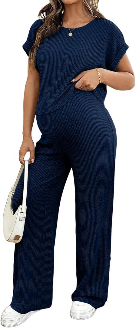 BLENCOT Maternity Clothes Ribbed Short Sleeve Maternity Pajamas Sets Sleepwear Lounge 2 Piece Matching Outfits Set (X-Large, Navy Blue)