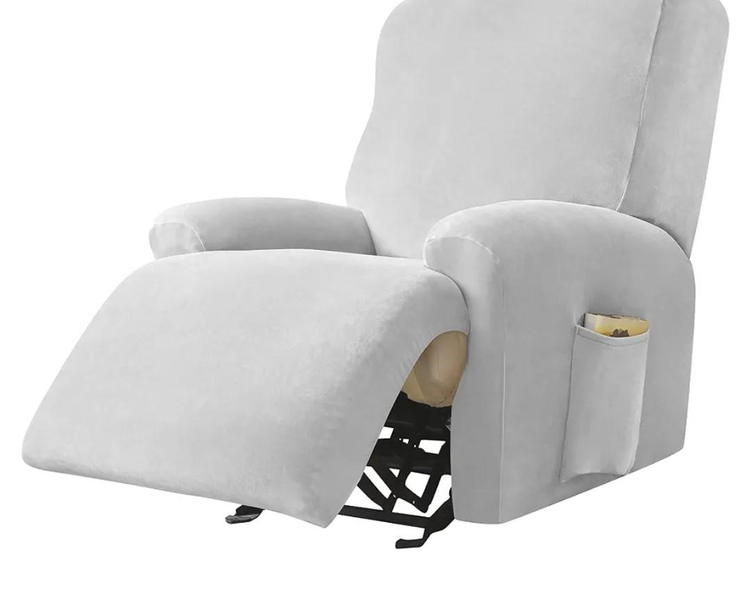 CONRUSER Recliner Chair Covers, 4-Piece Velvet Stretch Recliner Slipcover Single Seat Couch Cover Soft Furniture Protector with Pocket (Light Grey)