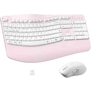 Ergonomic Wireless Keyboard and Mouse Combo, Wave Keys Keyboard with Wrist Rest for Natural Typing, 3 DPI Adjustable Ergonomic Silent Mouse for Computer/Laptop/Windows/Mac (Pink)