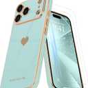 Teageo for iPhone 17 Pro Max Case with Screen Protector [2 Pack] Girl Women Cute Girly Love-Heart Luxury Gold Soft Cover Camera Protection Shockproof Phone Case for iPhone 17 Pro Max, Pearl Aqua