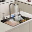 Dual Waterfall Kitchen Sink Modern Kitchen Sink Single Bowl Digital Smart Sink with Soap Dispenser Stainless Steel Sink with Pull-Out Faucet Workstation Sink with Honeycomb(29.5x18.1in), 29.5 x 18.1 x 8.66 Inch