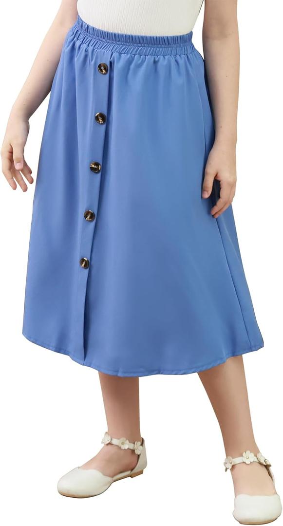 GORLYA Girls A-Line Elastic High Waist Pleated Swing Maxi Skirt with Pockets for 4-14T (Blue)