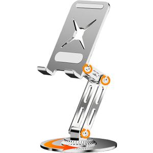 All-Metal Cell Phone Stand 360 Rotatable & Height Adjustable - 25KG Super Load-Bearing, Foldable Desk Stand for Phone, Compatible with iPhone 17/16/15/14, Nintendo Switch, Silver