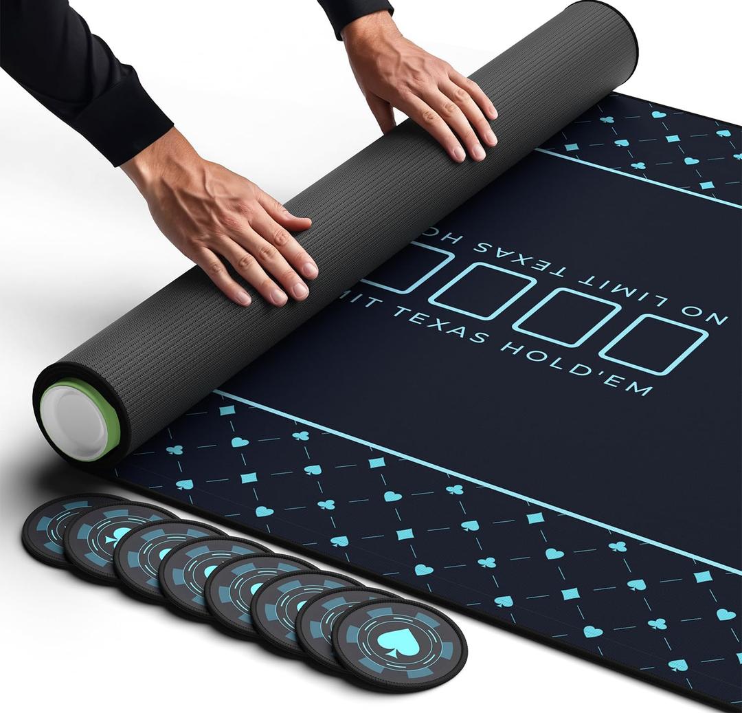 Newverest Poker Table Top 70" x 35", Texas Hold'em Poker Mat for Home Game Nights Up to 10 Players, Casino| Poker Topper Cloth for Tables in Zipper Storage Bag with 8 Coasters in Poker Gift-Ready Box