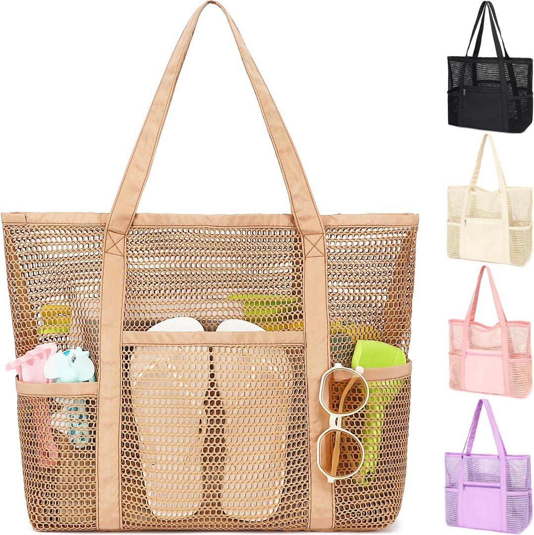 Mesh Beach Bag for Women, Casual Hobo Bags Large Beach Tote for Pool Travel Cruise Vacation Essentials (Multi-pocket, Tan)