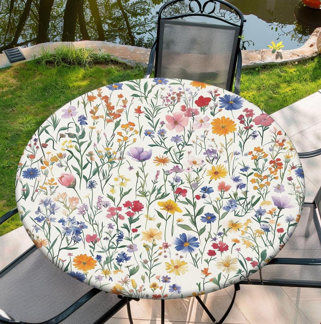 Round Tablecloth with Elastic Edge, 36-60Inch Waterproof Table Cloth for Dinner, Outdoor, Picnic, 60inch, Wildflower