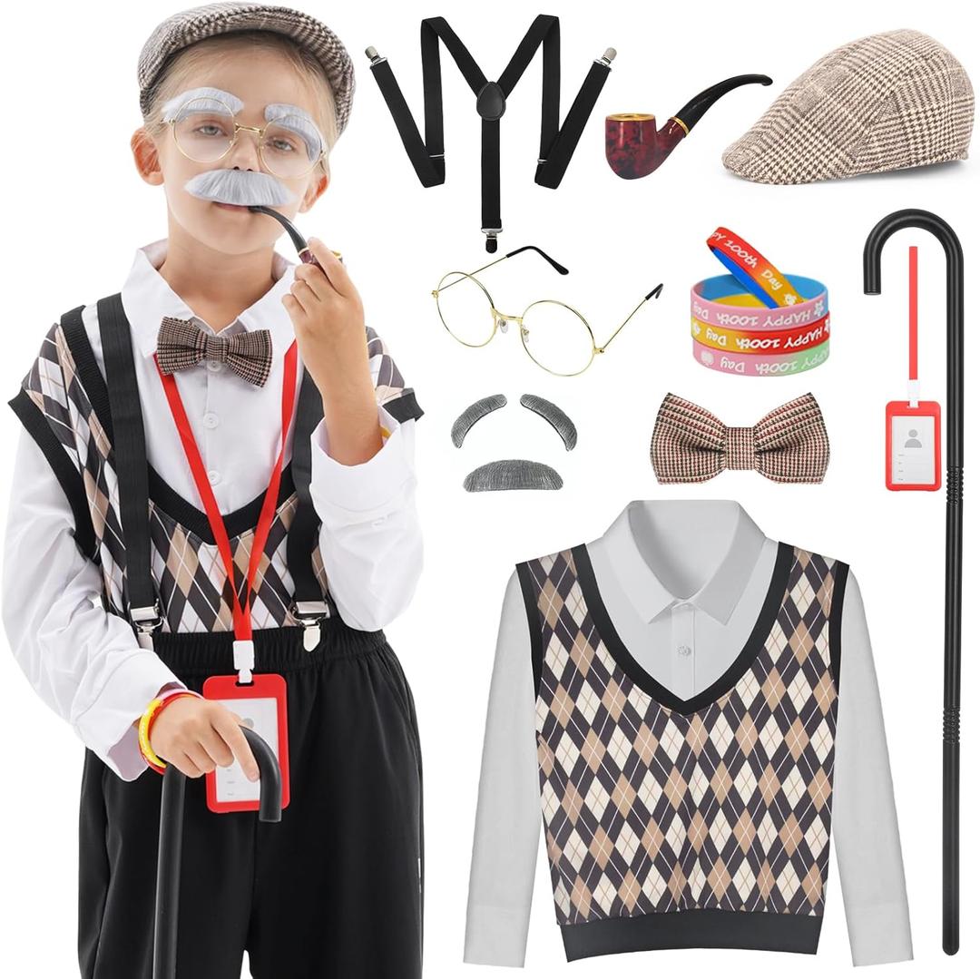 WooWee 100 Days of School Costume for Boys, Old Man Costume for Kids, 100th Day of School Dress Up (Brown)