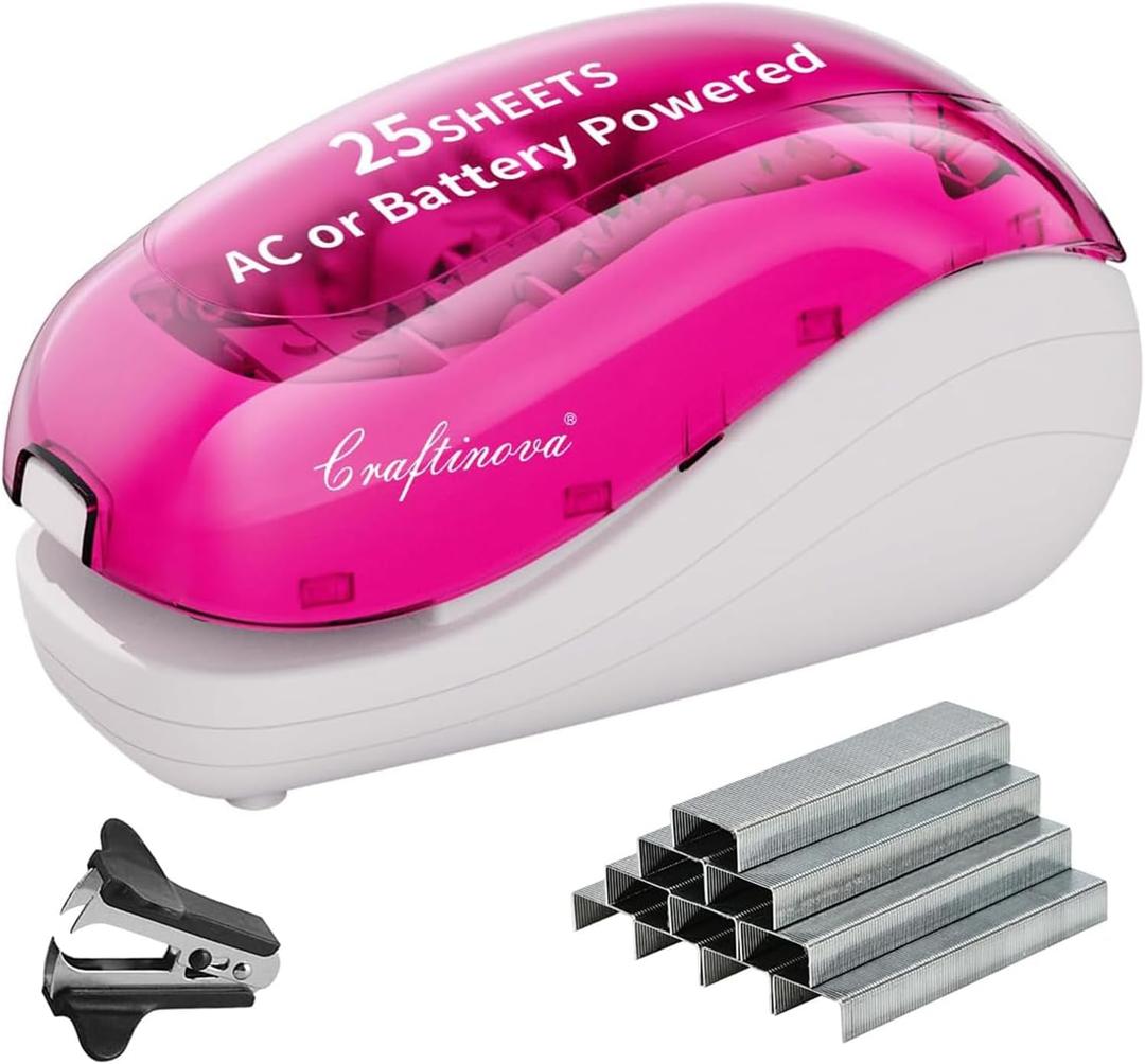 Electric Stapler-Pink,Including 2000 Staples and 1 Staple Remover, Suitable for Palm Size and high Comfort25 Sheet Capacity, AC Adapter or Battery PoweredBattery not Included