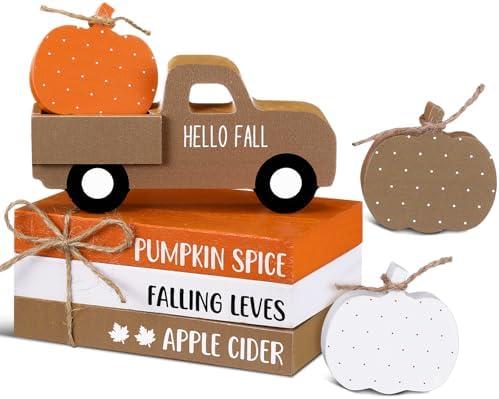 DoubleFill 7 Pcs Thanksgiving Fall Table Decor Farmhouse Wooden Fall Signs with Book Stack 3D Truck and Pumpkins for Tiered Tray Autumn Wooden Table Centerpiece for Harvest Mantle Home Bookshelf Gift