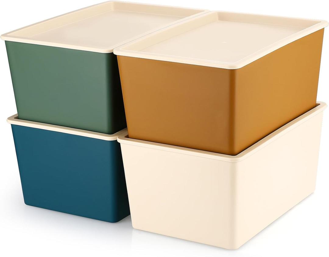 Menkxi 4 Pcs Storage Bins with Lids Plastic Stackable Containers for Organizing Shelves Christmas Ornament Box Baskets(Mixed Color,Small)