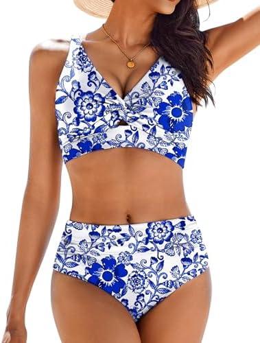 AI'MAGE Bikini Set for Women Ruched High Waisted Two Piece Swimsuit Twist Front Cut Out Adjustable Straps Bathing Suit M