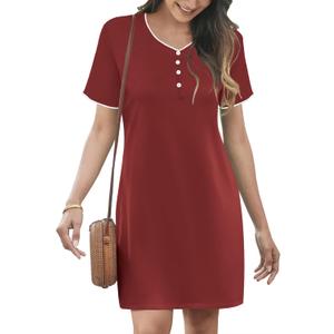 Ekouaer Sleep Shirts for women Nightgown Short Sleeve Night Shirts V Neck Casual Print Sleepwear Dress S-2XL (Medium, Burgundy Red)