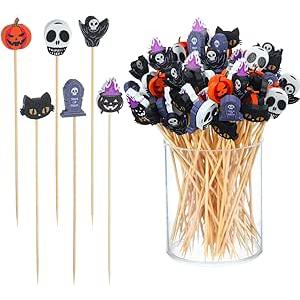 Chengu 600 Pcs Halloween Cocktail Picks 4.72 Inch Toothpicks for Appetizers Bamboo Pumpkin Cat Ghost Skewers Stick Cocktail Fruit Birthday Cupcake Topper Picks Decorative for Fruit Party Supplies